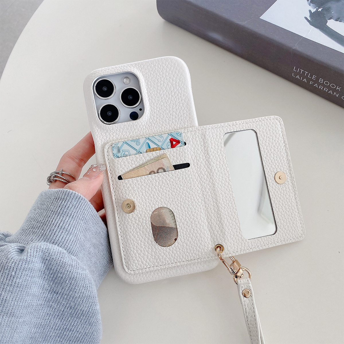 Luxus Litschi schälen aufbringen Pu Ledertasche für iPhone 15 14 13 12 11 Profi Max kleinen Spiegel Karten Halfter Schlüsselband Brieftasche Abdeckung