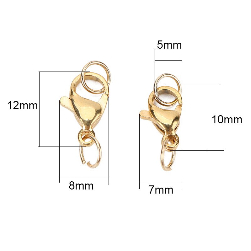 20Pcs 10Mm 12Mm Rvs Kreeft Sluitingen Haken Voor Ketting Armband Goud Kleur Connectors Fit Diy Sieraden maken Levert
