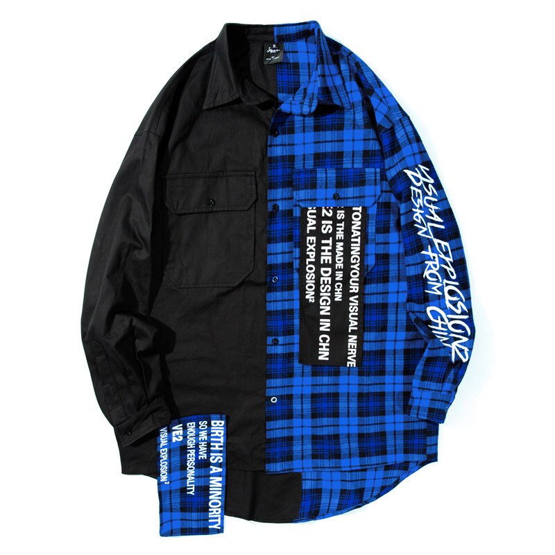 Mens Hip hop Color Block Patchwork Oversized Plaid Shirts letter printed Long section Curved hem Casual Long sleeves Shirts: M