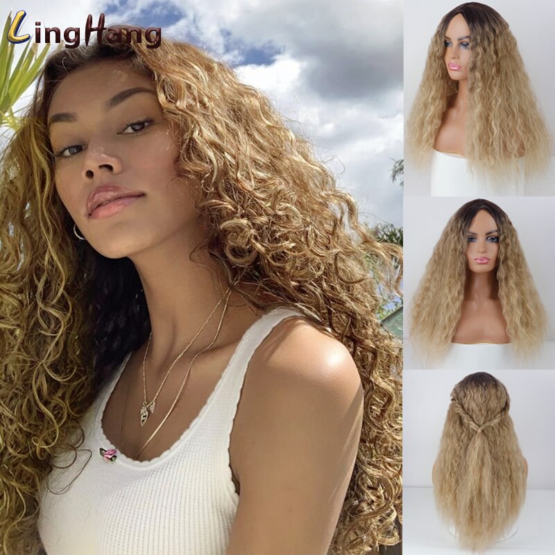Peluca larga ondulada negra de LingHang, pelucas onduladas sintéticas para mujeres negras, pelucas de parte media Natural, pelo resistente al calor: 9460