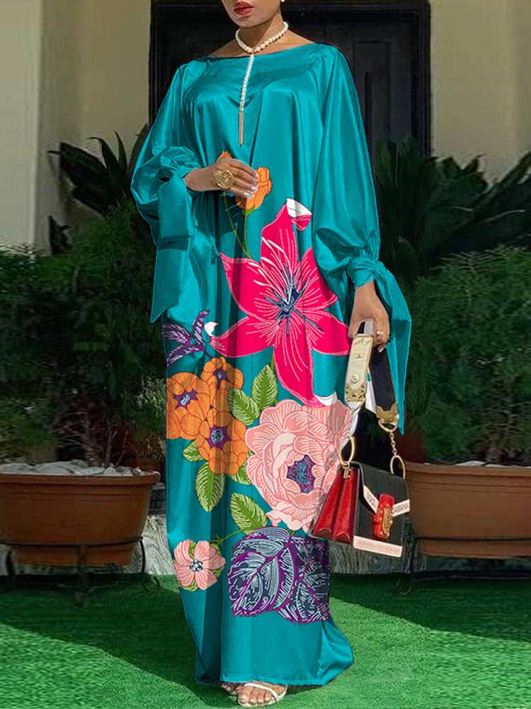 VONDA Bohemian Maxi Sundress Women Floral Printed Satin Silk Dress Autumn Casual Loose Long Sleeve Party Robe Femme