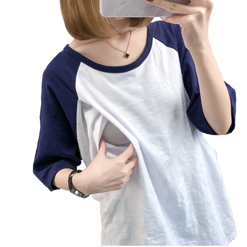Bamboo Cotton Postpartum Nurse T-shirt Summer Pregnant Women Clothes Maternity Clothes 3906: Sky Blue / L