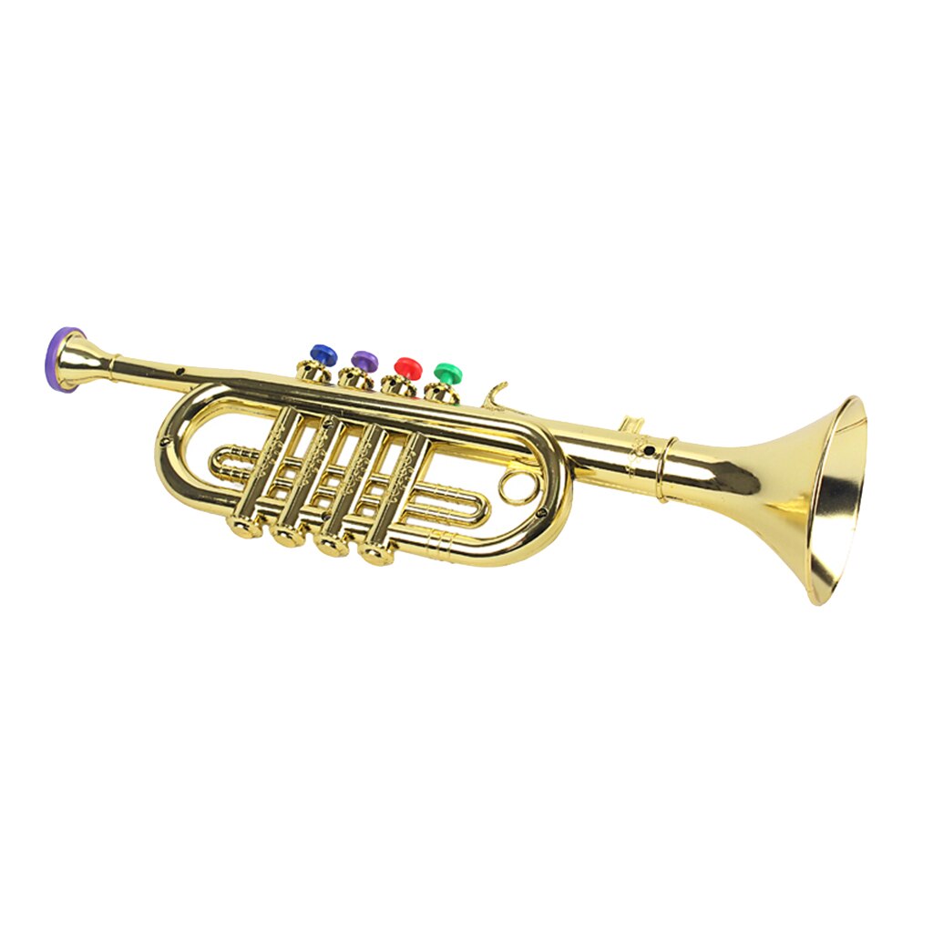 Gold 14-1/2 Inch Trumpet with 4 Colored Keys, Musical Wind Instrument Music Toys for Kids, Learning &amp; Entertainment