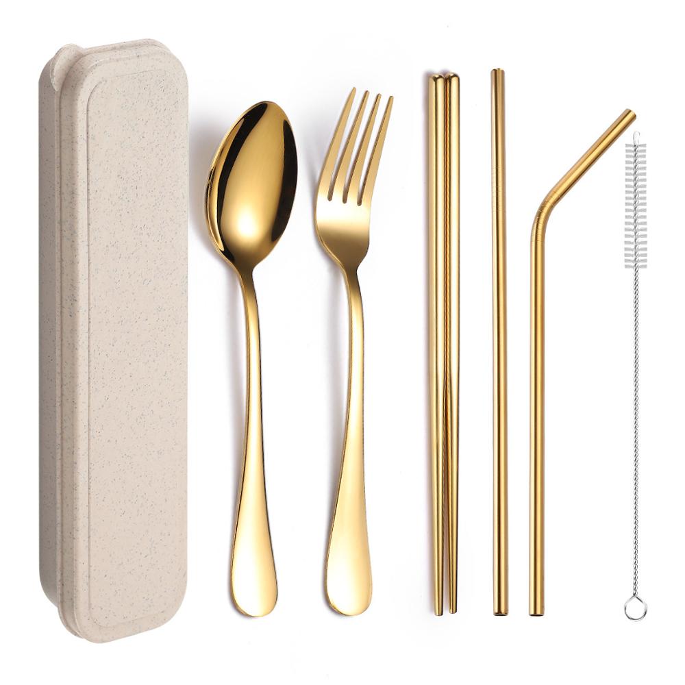 Food Grade 304 Stainless Steel Cutlery Set Silverware with Metal Straw Knife Fork Spoon Chopsticks 8Pcs Portable Travel Flatware: 7pcs gold set