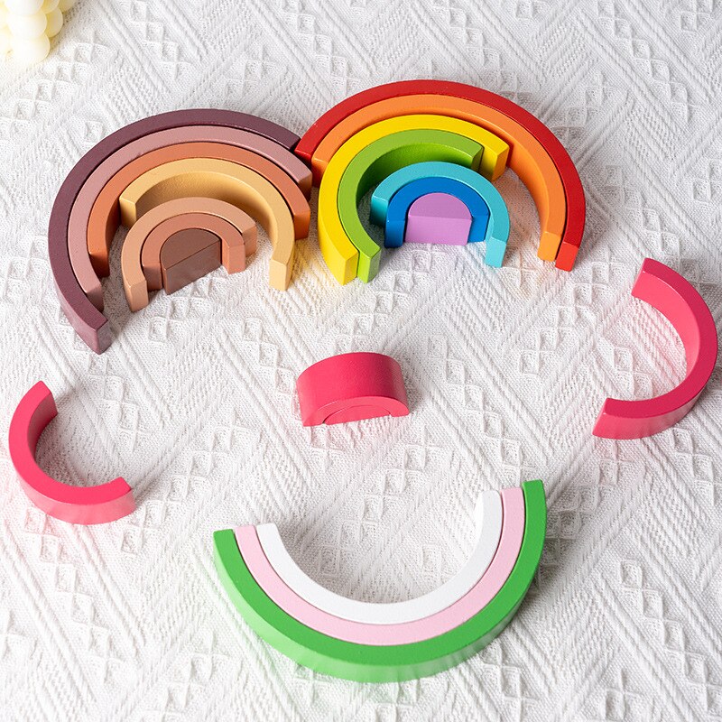 7 Stks/set Kleurrijke Macaron Houten Blokken Speelgoed Rainbow Assembleren Blokken Zuigeling Kinderen Educatief Baby Speelgoed