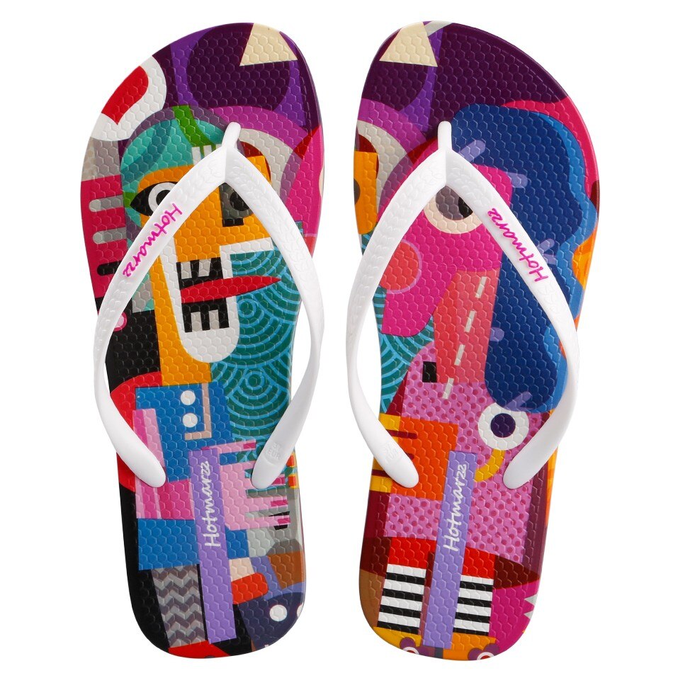 Hotmarzz Women Flip Flops Cartoon Graffiti Slippers Beach Sandals Summer Shoes Pool Shower Shoes: White / 5