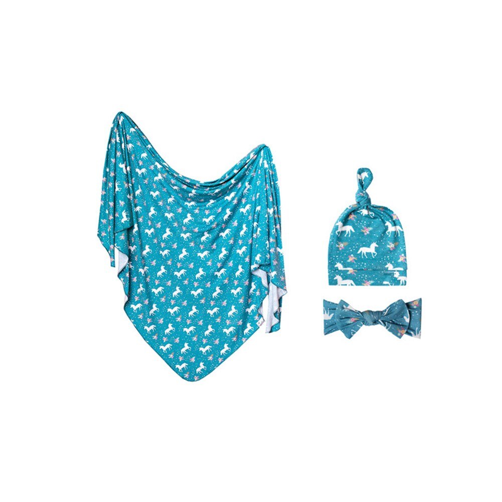 Pudcoco-gorro de toalla y Diadema impreso para bebé, conjunto de 3 piezas, manta para abrazar recién nacido, gorra anudada y banda para el pelo: C