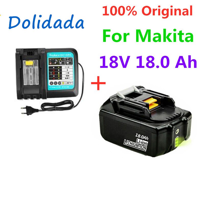 Original 18 v 18ah batteri 18000 mah li-ion batteri ersättningsbatteri för makita  bl1880 bl1860 bl1830 batteri +3a laddare: Vit