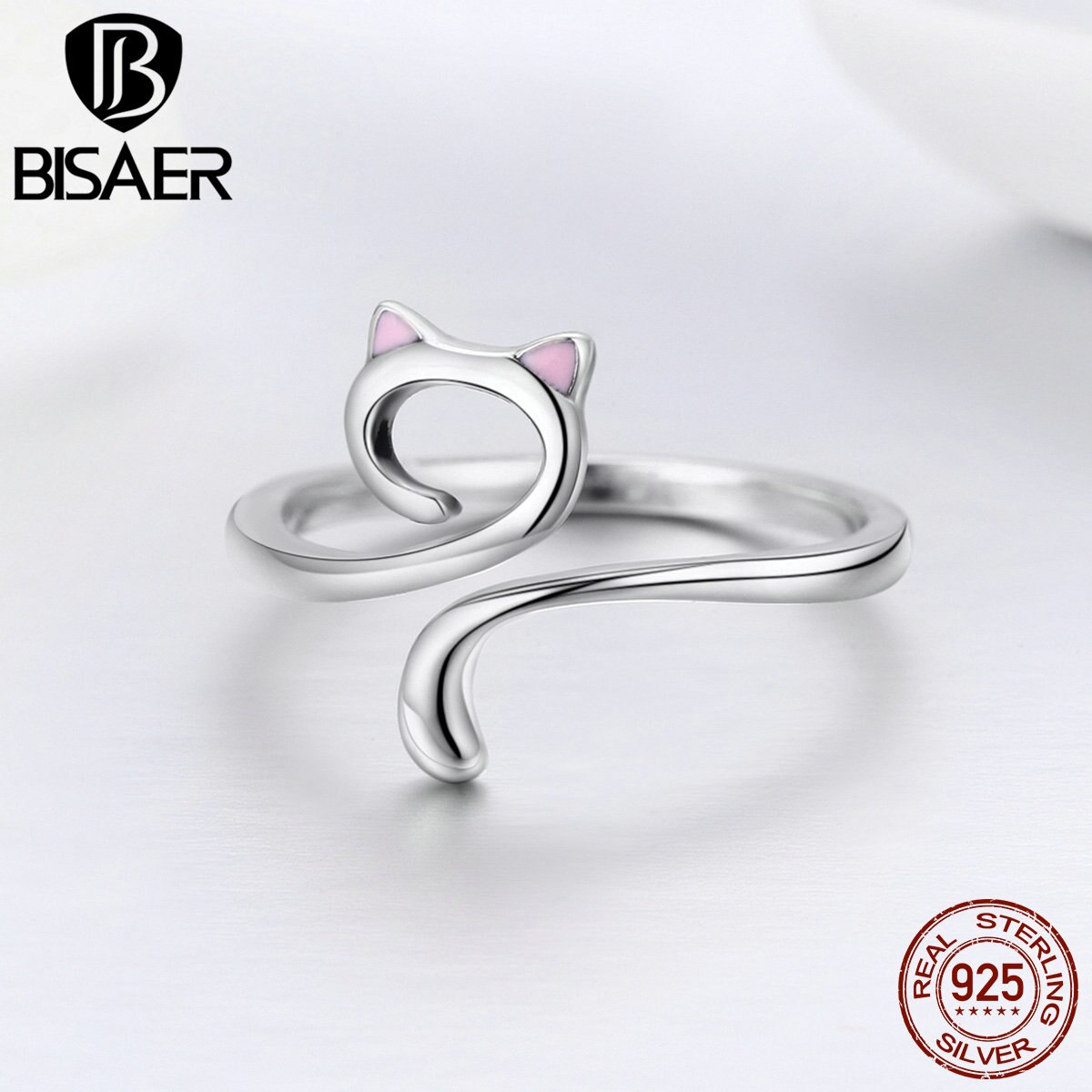 BISAER 100% 925 Sterling Silver Anel Cat Pussy Kitten Cat Tail Adjustable Finger Ring Female Sterling Silver Jewelry ECR341