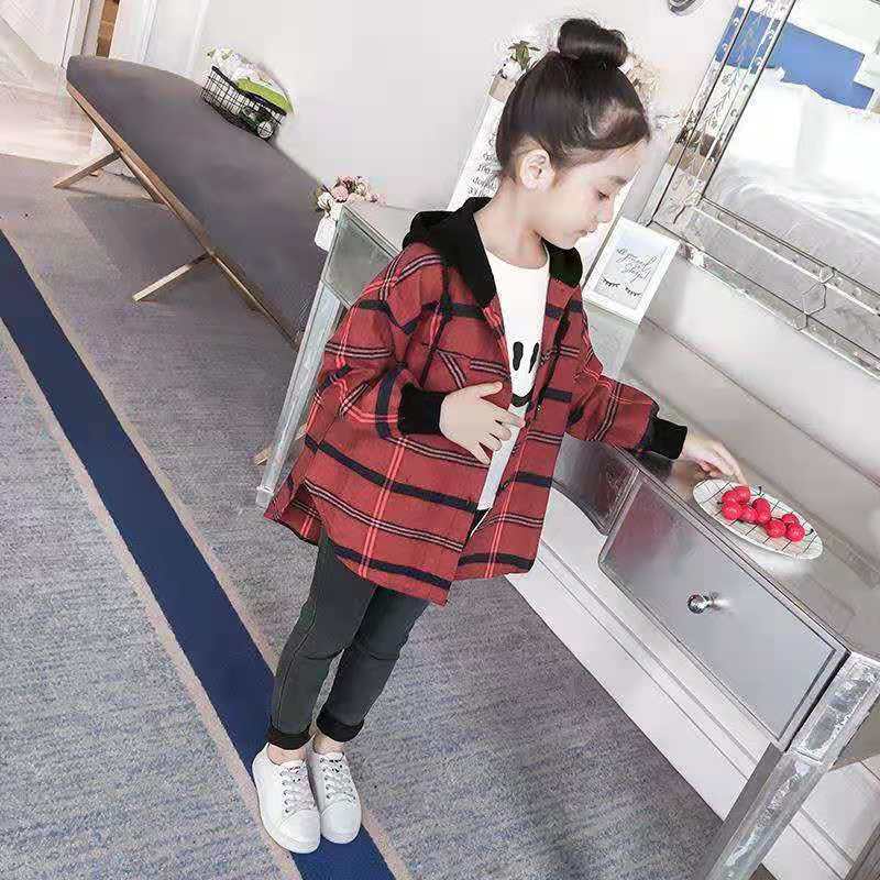 Hot 2022 bambini camicetta ragazza cotone verde/rosso camicie a quadri per adolescenti primavera autunno moda giacca Cardigan con cappuccio 3-13 anni