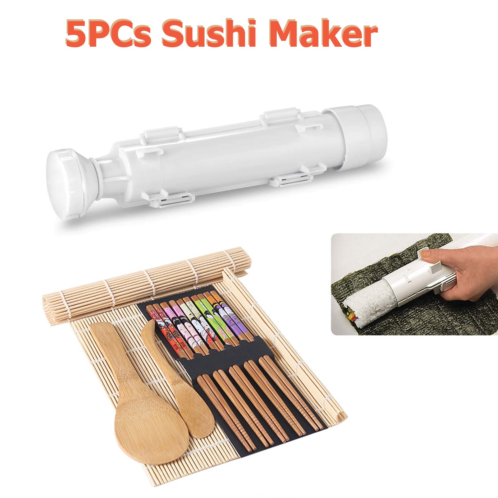 5Pcs Diy Qiuck Sushi Maker Kit Food Grade Plastic Bamboe Roll Sushi Maken Tool Keuken Sushi Mold Koken Gereedschap set: 5PCs