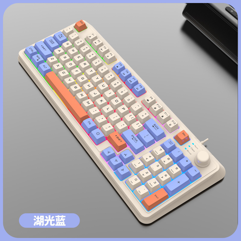 Teclado español con Ñ 94 teclas 90% Teclado árabe español con la Ñ ruso coreano USB con cable RGB Perilla de volumen de luz Ergonomía Oficina de juegos K82: Azul marino / Interruptor marrón