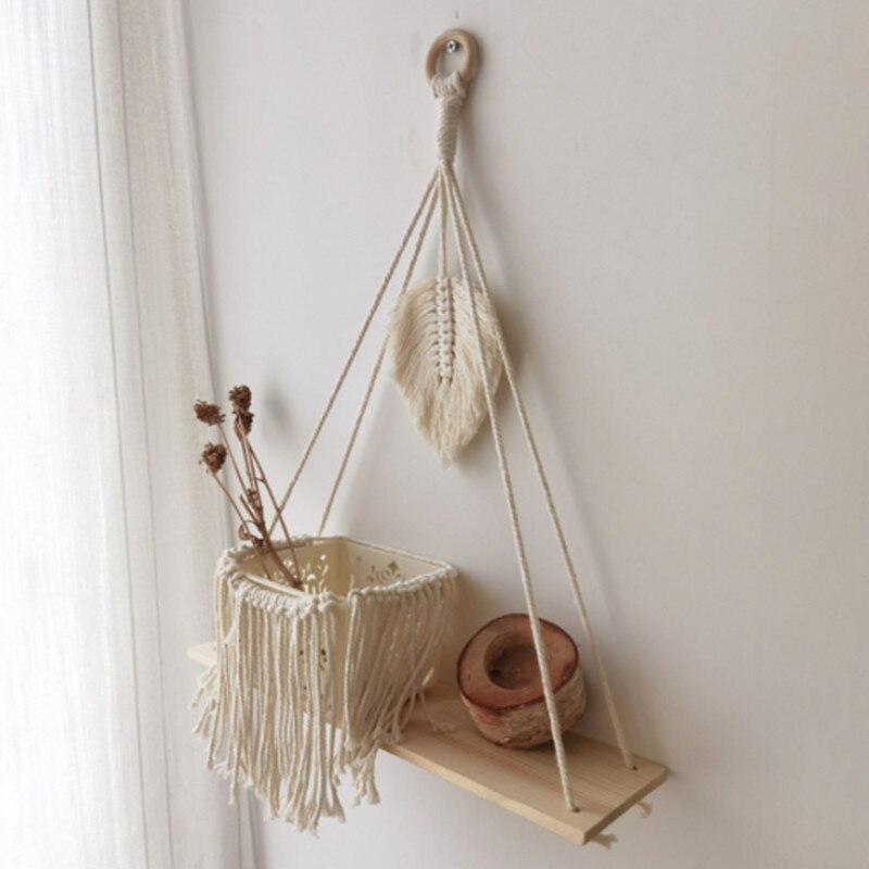 Bougeoir mural en bois en macramé, 1 pièce, décoration de maison Boho, tissage fait à la main, porte-bougie mural en bois, stockage flottant, SW: A