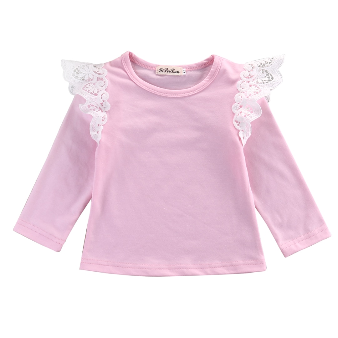 Herfst Pasgeboren Baby Meisjes Peuter Kinderkleding Katoen Kant Vliegende Lange Mouw T-shirts Tops Outfit Blouse