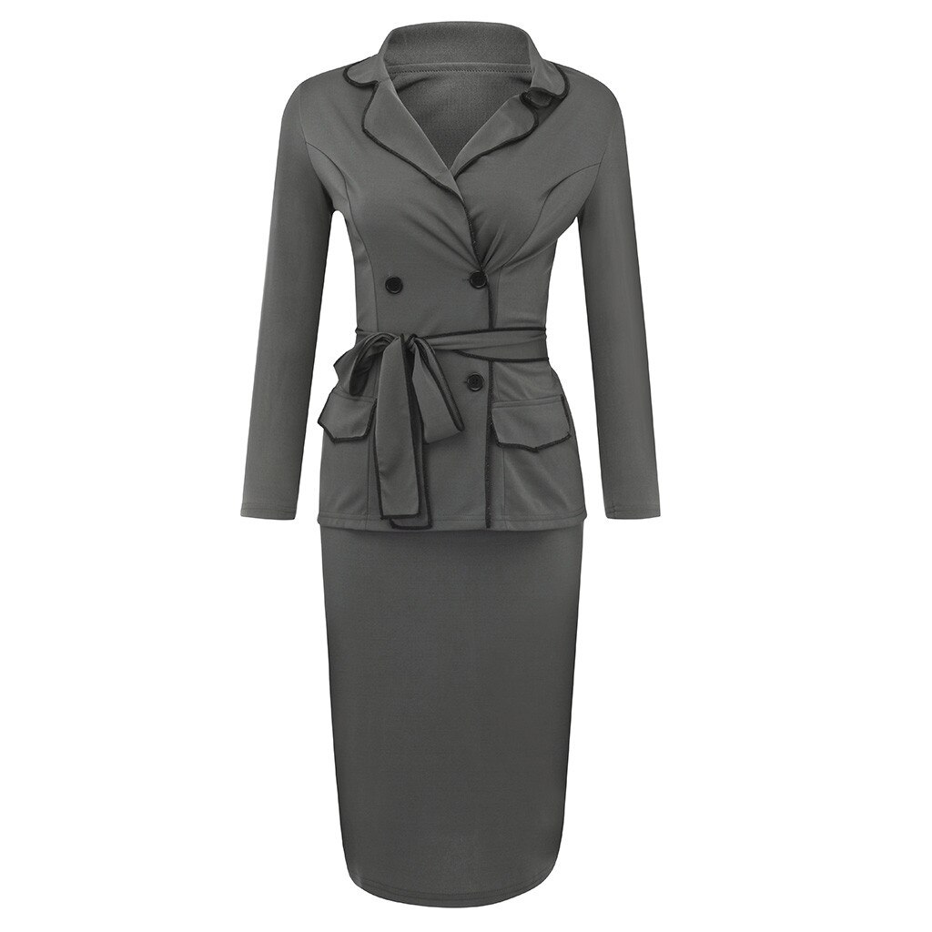 Women's Blazer Office Work Skirt Suits Notched Button Long Sleeve Skirt Suit Slim Jackets Knee Skirts Two Pieces OL Sets Z0818: XXL