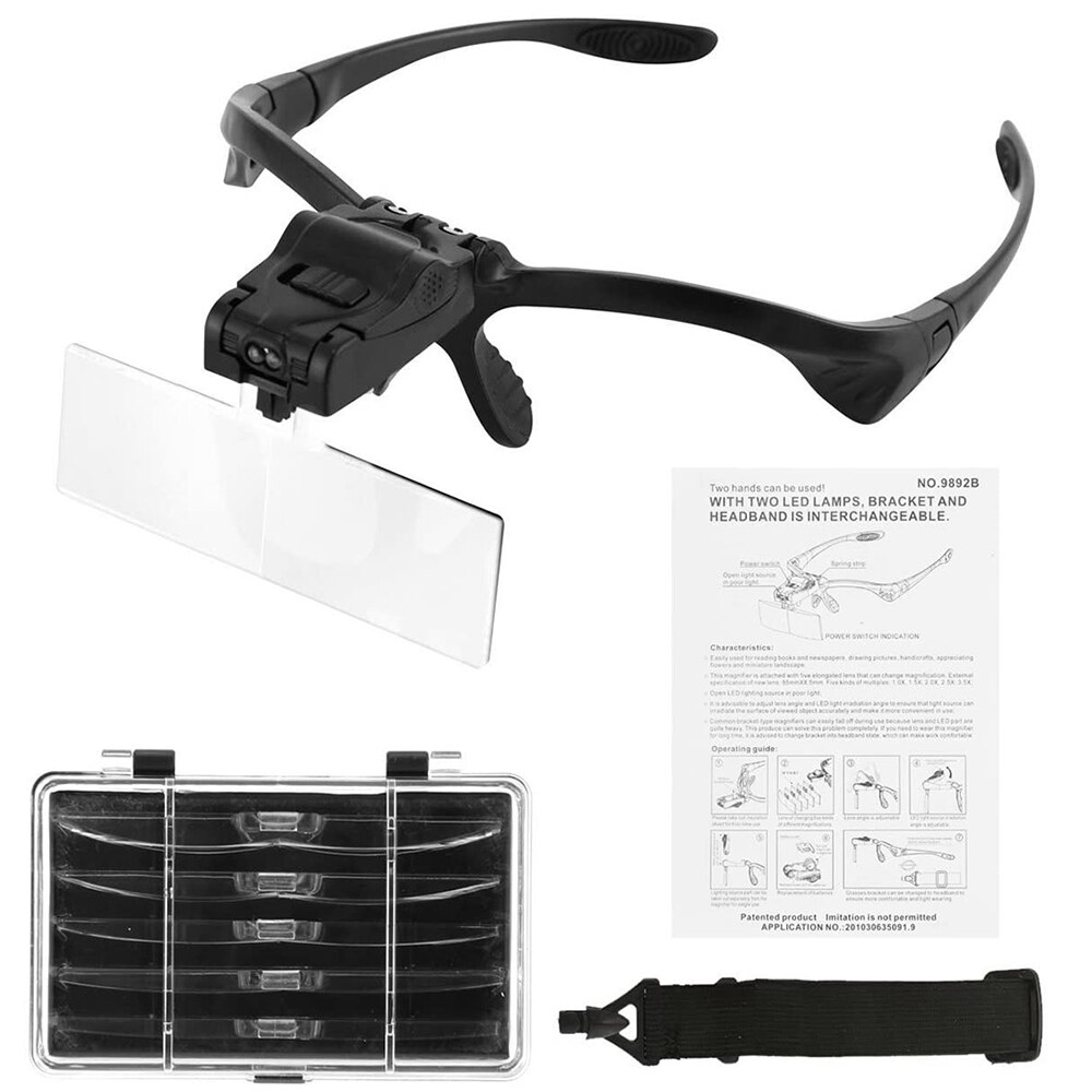 Head Mounted Illuminating Glasses Magnifier with 2 Led Lights 4 Adjustable Lens Loupe Magnifying Glass For Tool Repai Toys: FDJ027