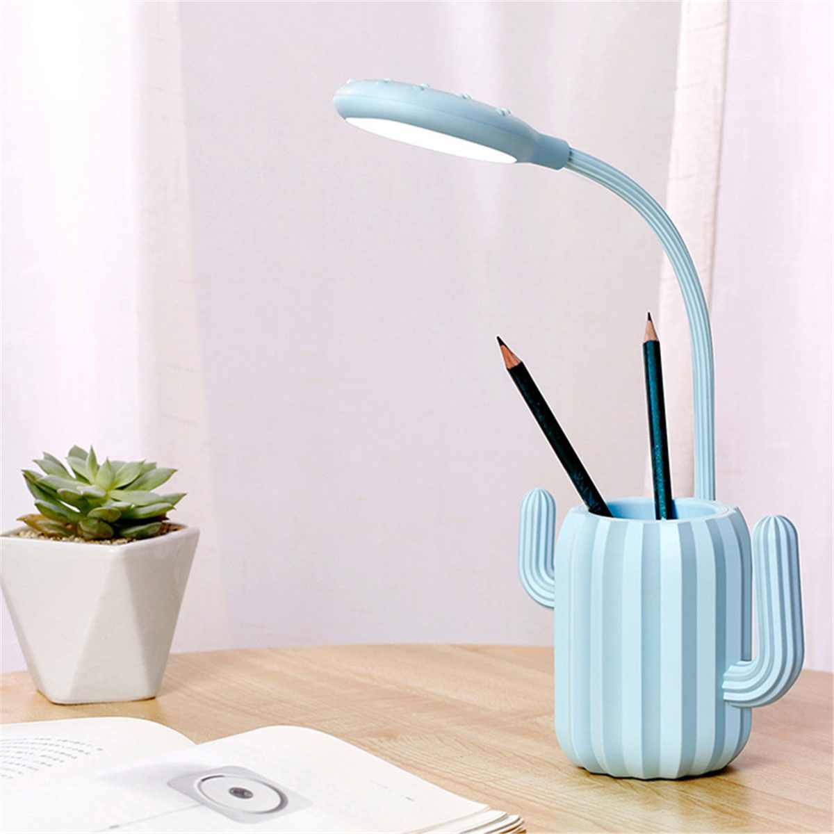 Multiuse Kaktus LED Klapp Schreibtisch Lampe 1200mA USB Ladung berühren Schalter Tisch Licht Schüler Nacht Licht mit Stift Lagerung Halfter: Blau