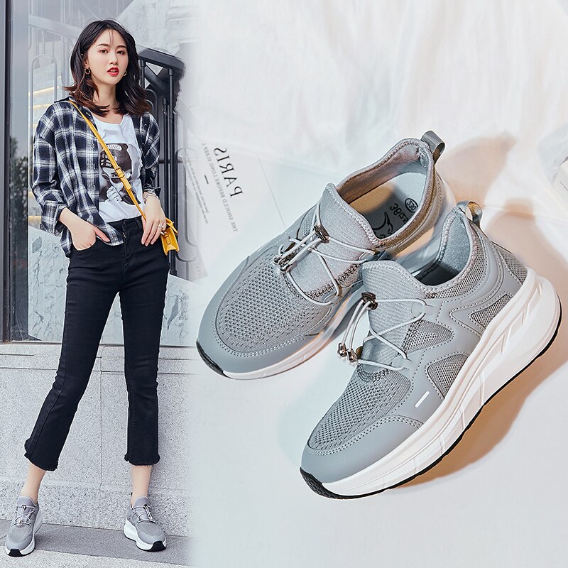 Outdoor Fitness Shoes Sneakers Women Soft Thick Bottom Women's Sport Shoes Breathable Round Toe Student Shoe Mother Health Shoes: Grey / 7.5