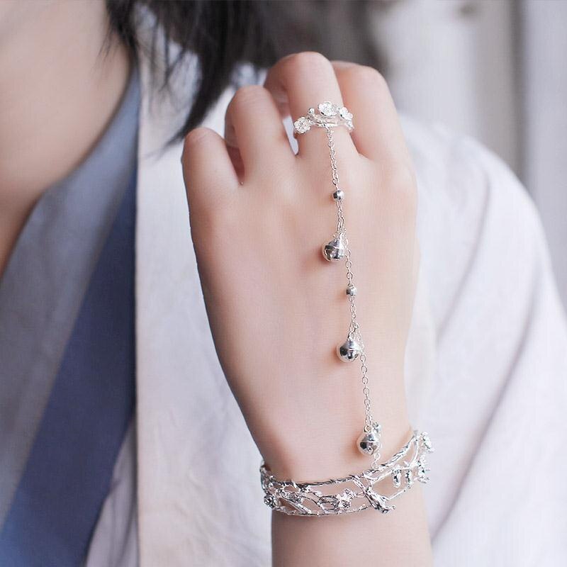Chinese Butterfly Bells Ring Bracelet All-in-one Flower Bangle Charm Jewelry Silver Plated Bracelet Women Jewelry Accessories