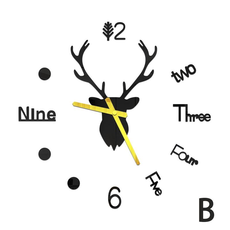 DIY 3D Wall Clock Mirror Wall Stickers Deer Living Wall Watch Decal Quartz Art Large Room Sticker Home Clock W5X9: B