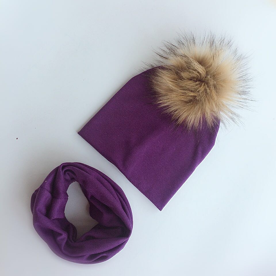 Kinderen Pom Pom Hoed Herfst Winter Baby Hoed Meisjes Jongens Cap Kids Beanie Bonnet Kraag Sjaal Set Baby Cap fotografie Props: 2 purple