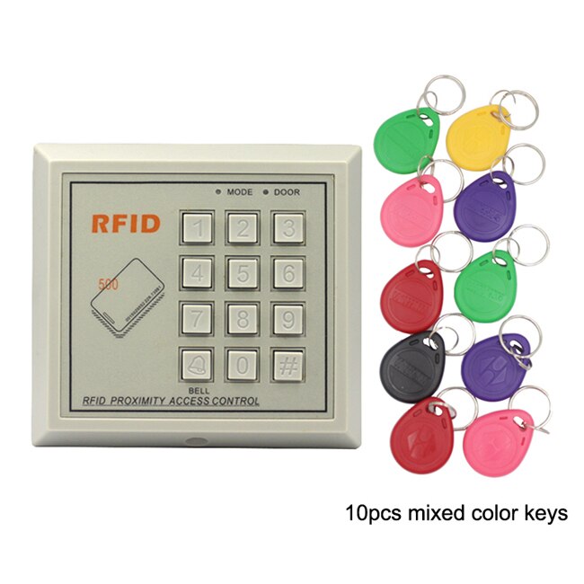125Khz RFID Keypad Access Control System Device Machine RFID Card Reader Door Lock System 500 users gray: AC and 10 color keyS