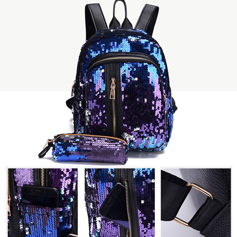 2 stks/set Pailletten Vrouwen Rugzak voor Tiener Meisje Mode Bling Rugzak Student Schooltas met Etui Clutch Mochilas