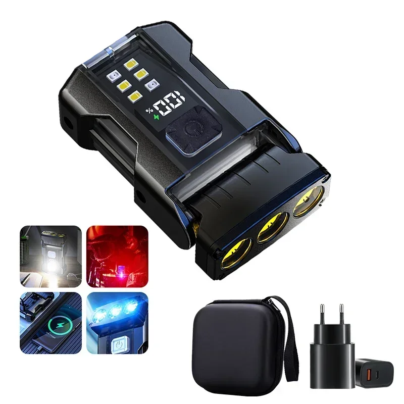 Portable Mini LED Flashlights USB Rechargeable EDC Flashlight with Battery Display Magnetic Working Light 7 Modes Fishing Torch: Red
