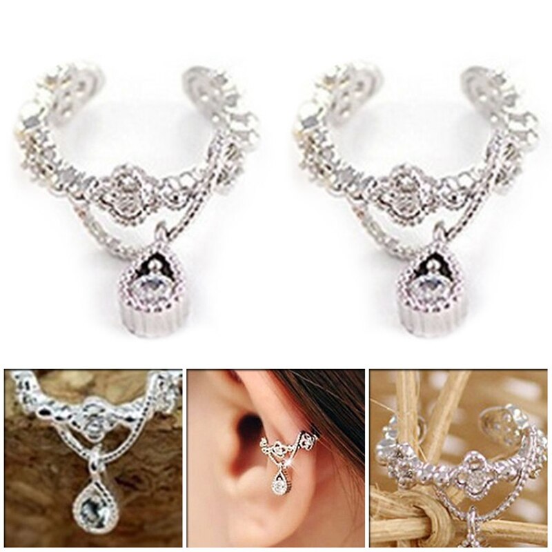 1 Pair Simple Ear Cuff Wrap Rhinestone Cartilage Clip On Non Piercing Earring