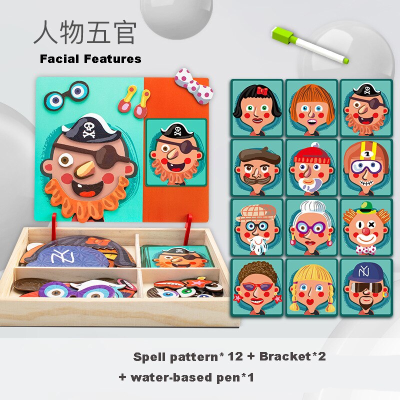 Kids Magnetic Puzzle Jigsaw Traffic Change Face Game Double-Sided Drawing Board Baby Early Education Toys For Children: Facial-Features