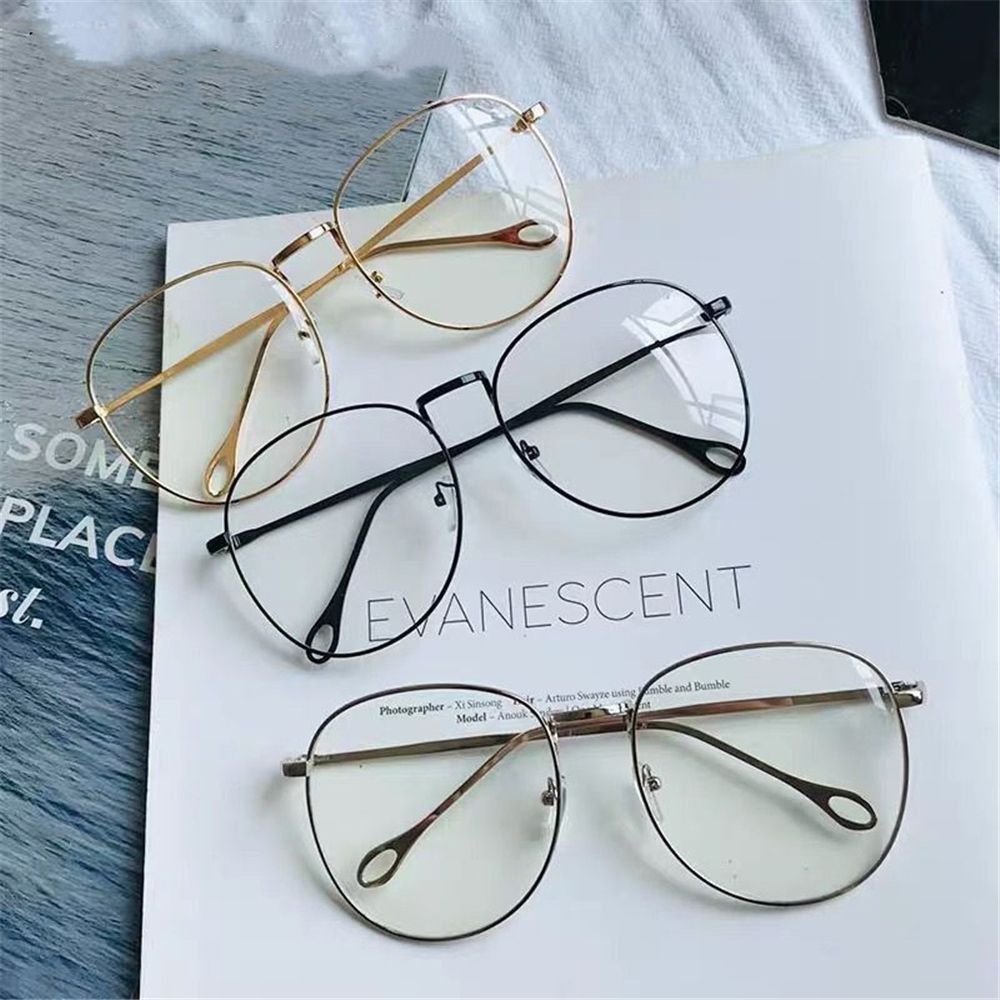 Unisex Big Round Frame Glasses Metal Fram Eyeglasses Women Men Retro Optical Glasses Flat Mirror Eyewear