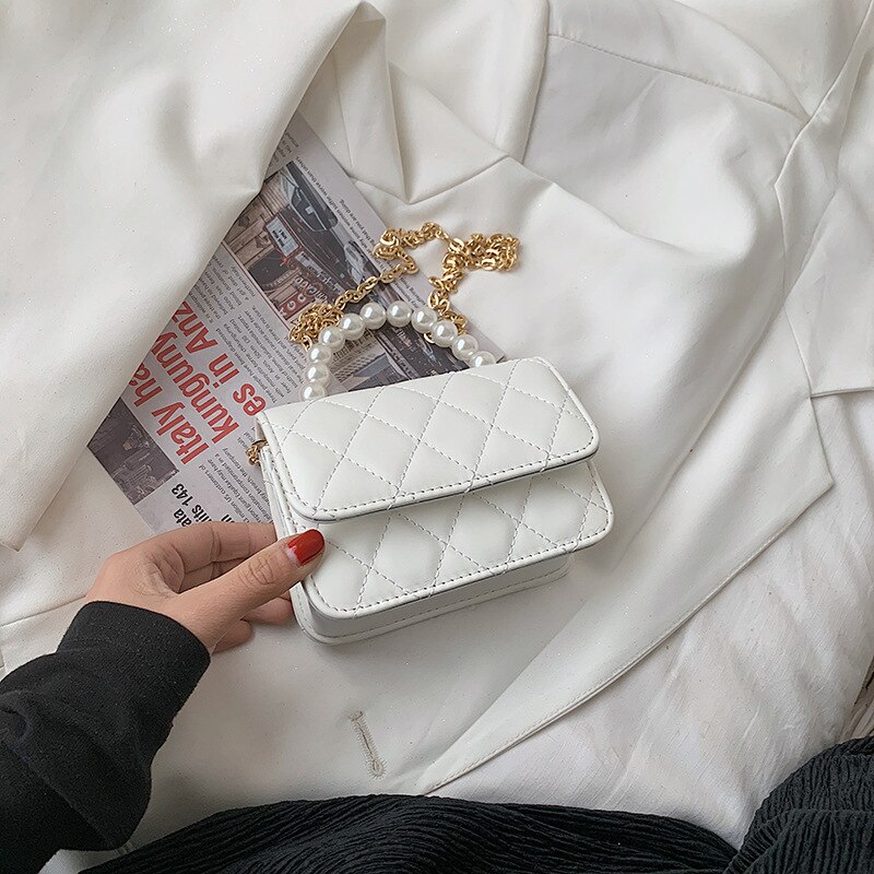 Lingge torba damska 2021 letnia nowa moda jedna torba na ramię kurierska łańcuszek z pereł przenośna mała torba kwadratowa torba na łańcuszku okrągła torba: Small White