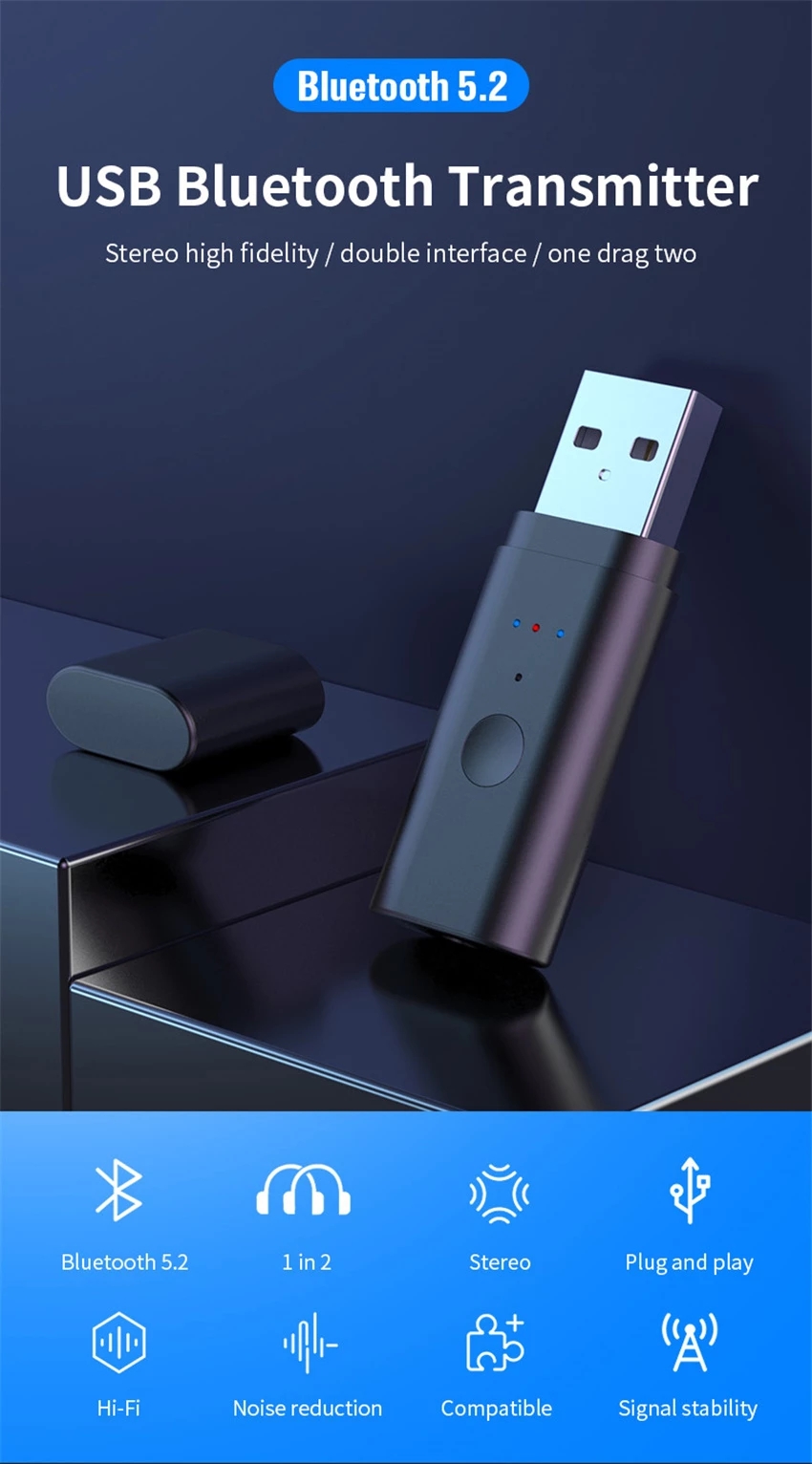 Rozdzielacz Bluetooth Bezprzewodowy nadajnik audio Adapter do 2 szt. Słuchawek pracujących razem, 2 bezprzewodowe słuchawki odtwarza się razem