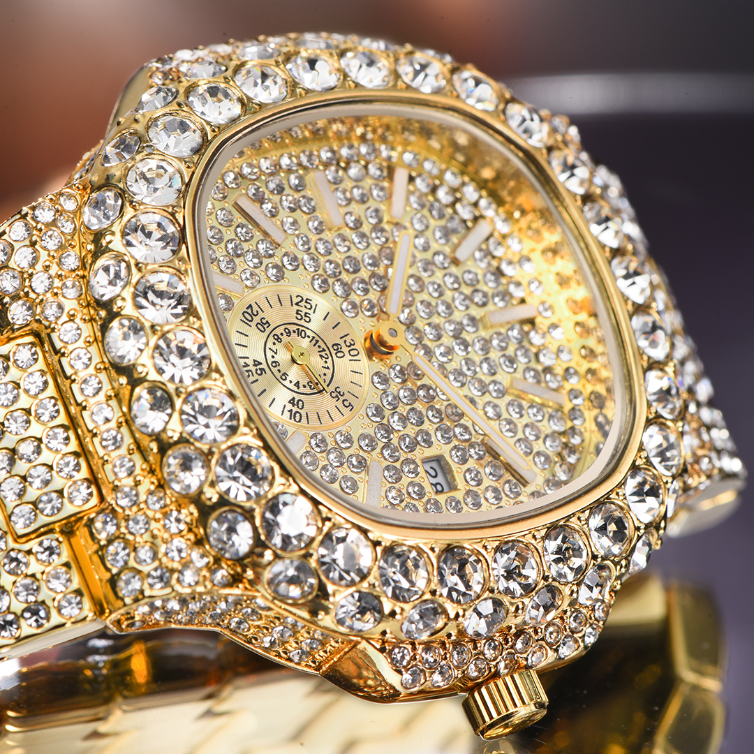 Lyxig iced klocka herrklocka i rostfritt stål guld armbandsur hiphop diamant bling smyckesklocka för män reloj hombre