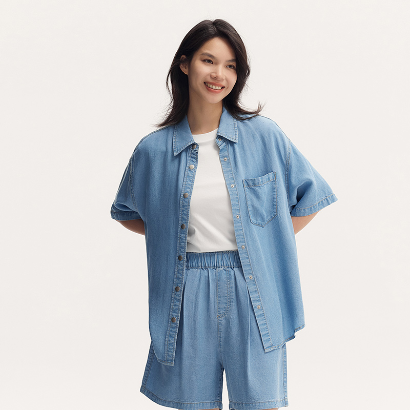 Semir Denim Shirt Vrouwen 2024 Zomer Halflange Verlaagde Schouders Met Losse Pasvorm Zachte Denim Blouse Met Korte Mouwen Casual Relaxed