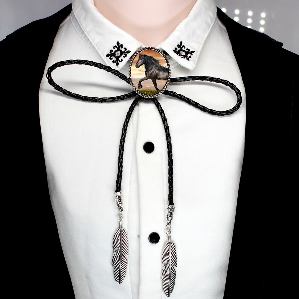 HZSHINLING Running Horse Bolo Tie Antique White Unicorn Horse glass photo cabochon Leather neck ties Necklace: 9