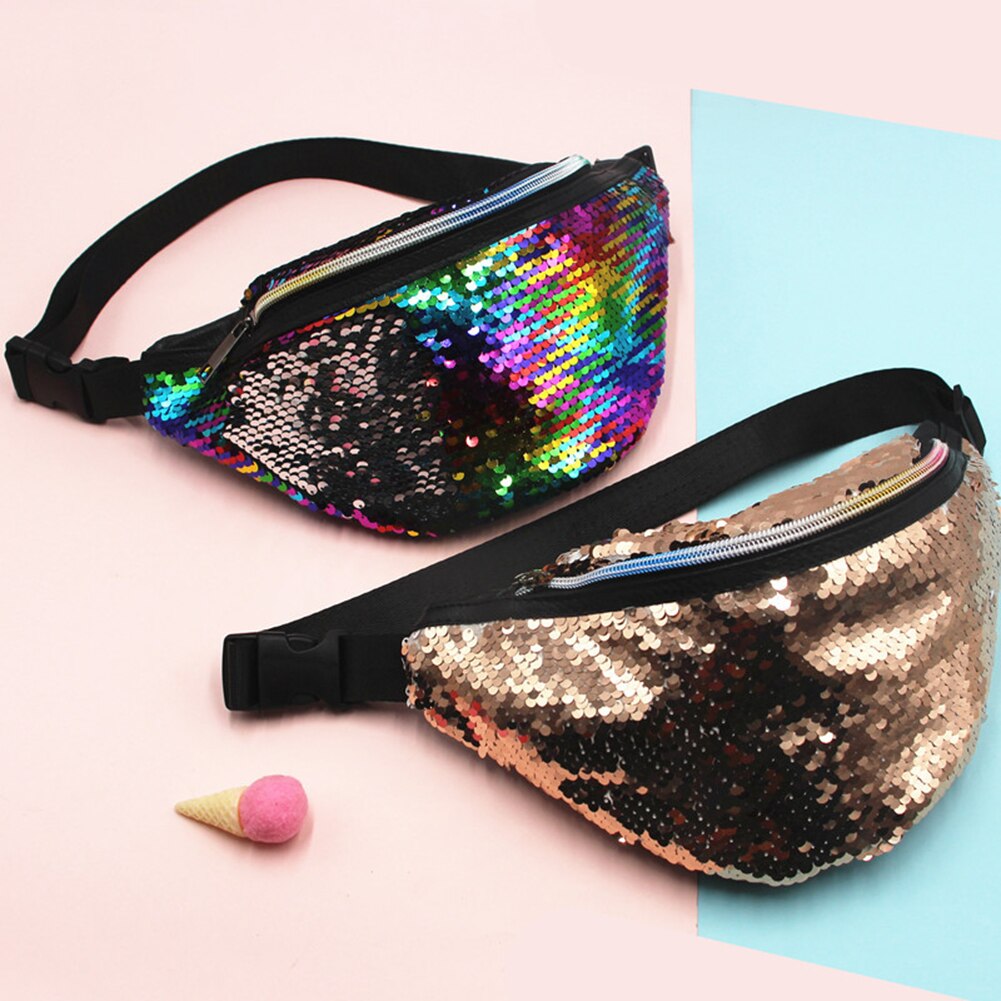 Sequins Fanny Waist Bag Women Colorful Shoulder Crossbody Bags Zipper PU Glitter Chest Belt Pack Outdoor Travel Pouch