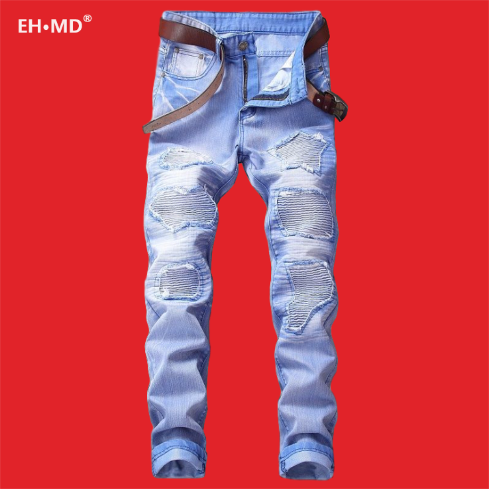 Eh · md® hoog elastische gebleekte blauwe jeans heren golvende gerimpelde gaten patch katoen zacht kleine rechte high street slanke broek