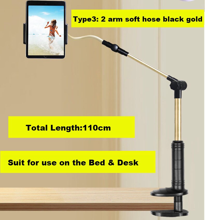 AIBOULLY Tablet Holder Folding Adjustable Long Arm Lazy People Bed Table Desktop Tablet Stand Bracket For 4-14 Inch Tablet PC: type 3 black gold