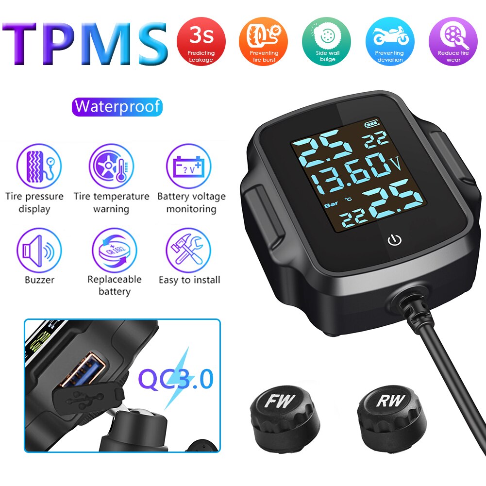 MotoAlarm System Motorcycle TPMS Motorbike Tire Pressure Monitoring System Tyre Temperature Alarm System with QC 3.0USB Charger