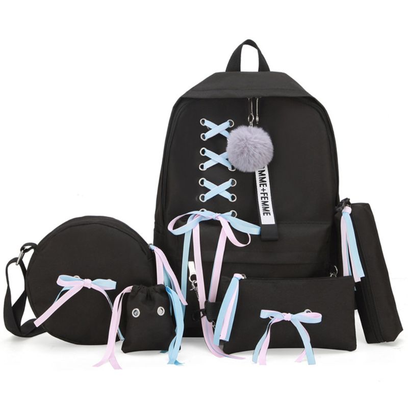 5pcs Canvas Backpack Ribbon Handbag Shoulder Drawstring Bag Pencil Case Set X5XA: black