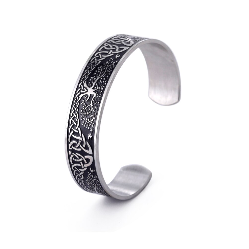 Skyrim-brazalete vikingo de acero inoxidable para hombre y mujer, amuleto Estilo Vintage nórdico, runas celtas, nudos, árbol de la vida: B Life Tree Black