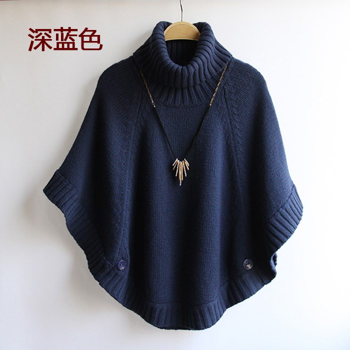 Kvinders kapper og ponchoer kvinder sjal kappe frakke bat ærme turtleneck sweater efterår og vinter kappe plus størrelse: Mørkeblå
