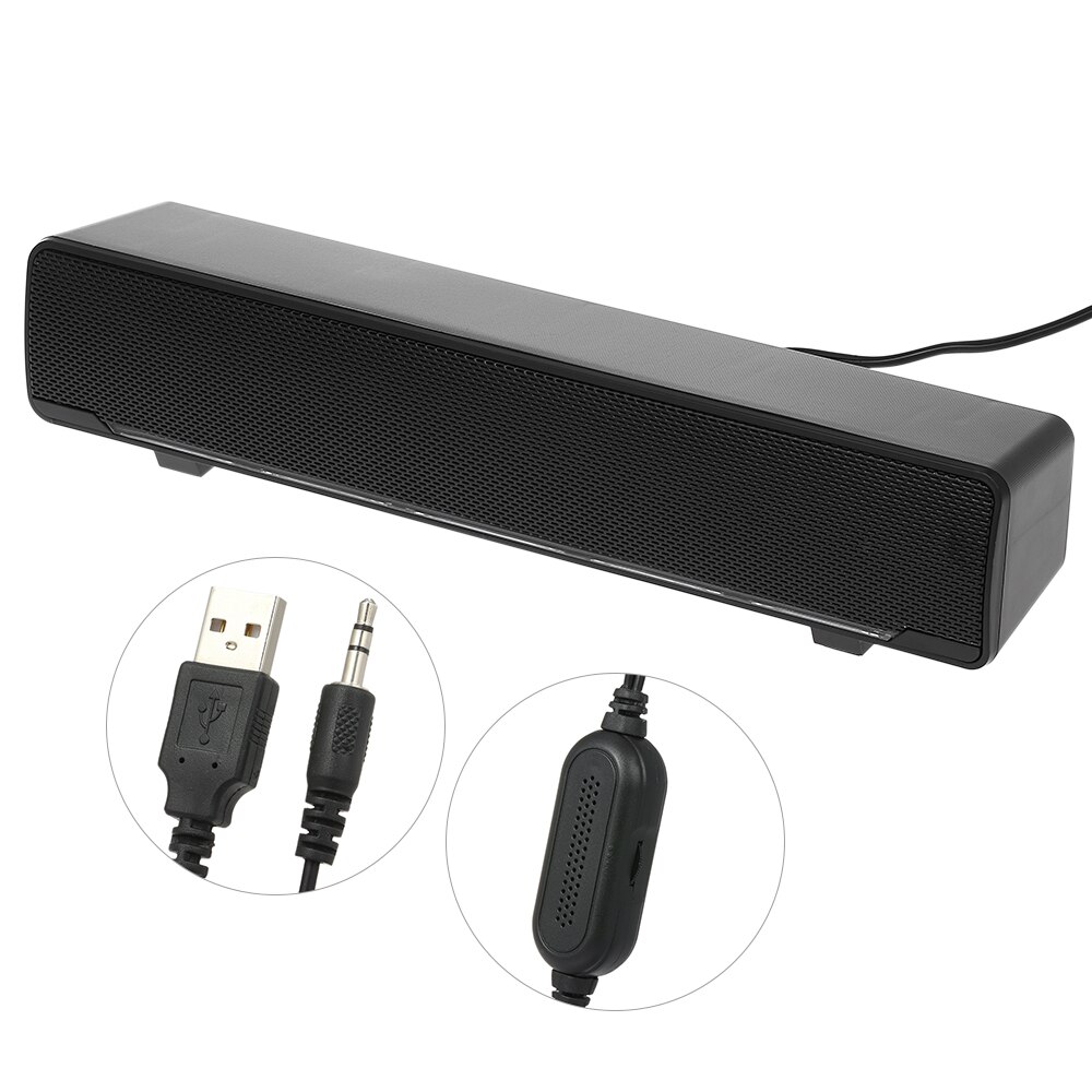 SADA V-196-altavoz con cable USB para ordenador, reproductor de música con Subwoofer estéreo de 3,5mm, caja de sonido envolvente de graves para PC, portátil y tableta,: Black