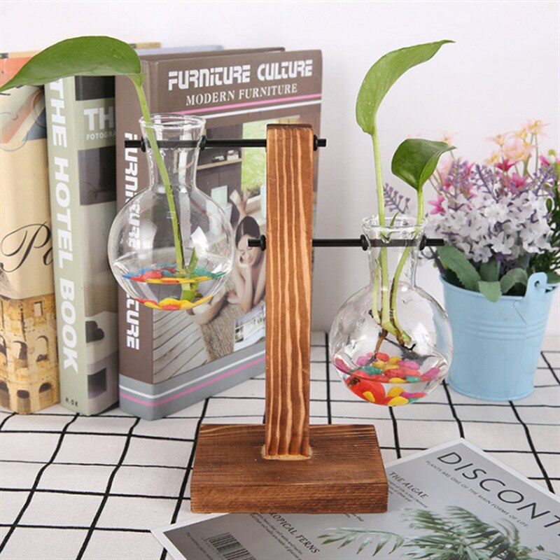 Jarrones hidropónicos de terrario para plantas, maceta Vintage, jarrón transparente, marco de madera, mesa de cristal, plantas, bonsái para el hogar