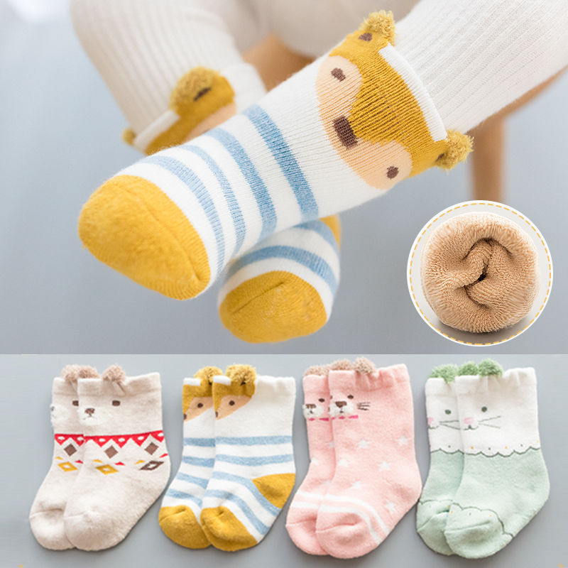 4 par/lot 0-24m baby värmestrumpor flicka pojke barn strumpa för vinter barn korta strumpor för unisex baby tecknad film