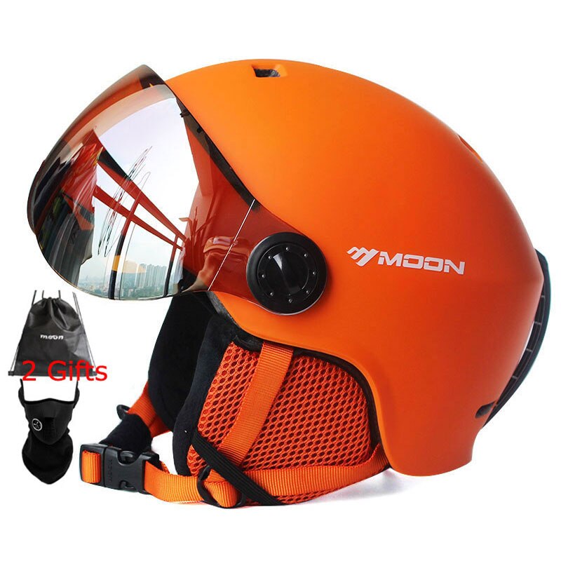 MOON casque de Ski entièrement moulé PC + EPS avec lunettes casque de Ski de sport Skateboard Ski Snowboard casques hommes: Orange / L(58-61cm)