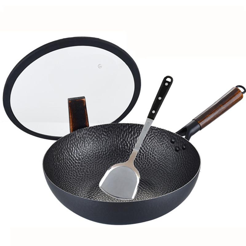 Non-stick wok huishoudelijke ongecoat inductie kookplaat speciale rvs kolen gasfornuis voor platte bodem wok 32cm