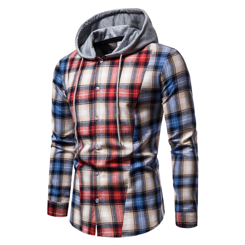 2021New Spring Autumn Hooded shirts men plaid shirt Hip hop High street Patchwork Long sleeve men shirt