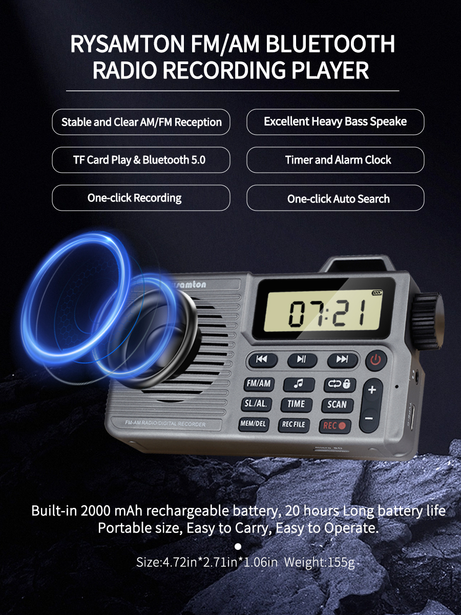 Portable AM/FM Radio, Small Pocket Radio with Bluetooth, Bass Speaker, Support Micro SD Card and Record, Long Battery Life: Silver